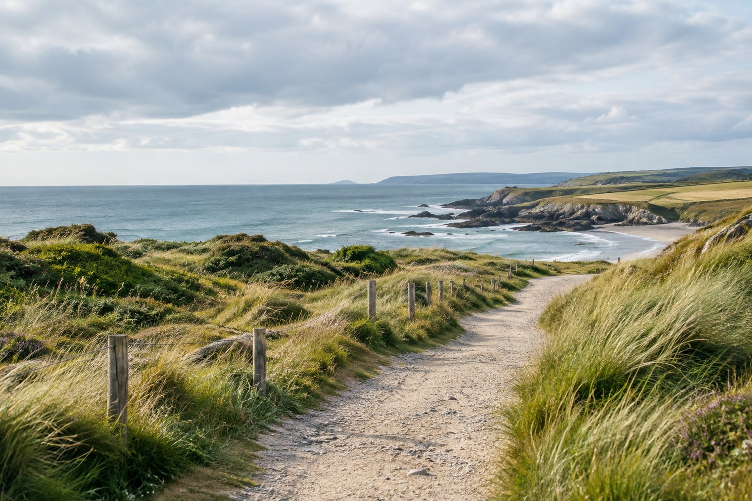 A sandy coastal path winding through grass toward a blue-gray sea and rocky headland.