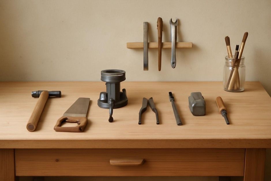 A tidy wooden workbench with a few tools neatly arranged.