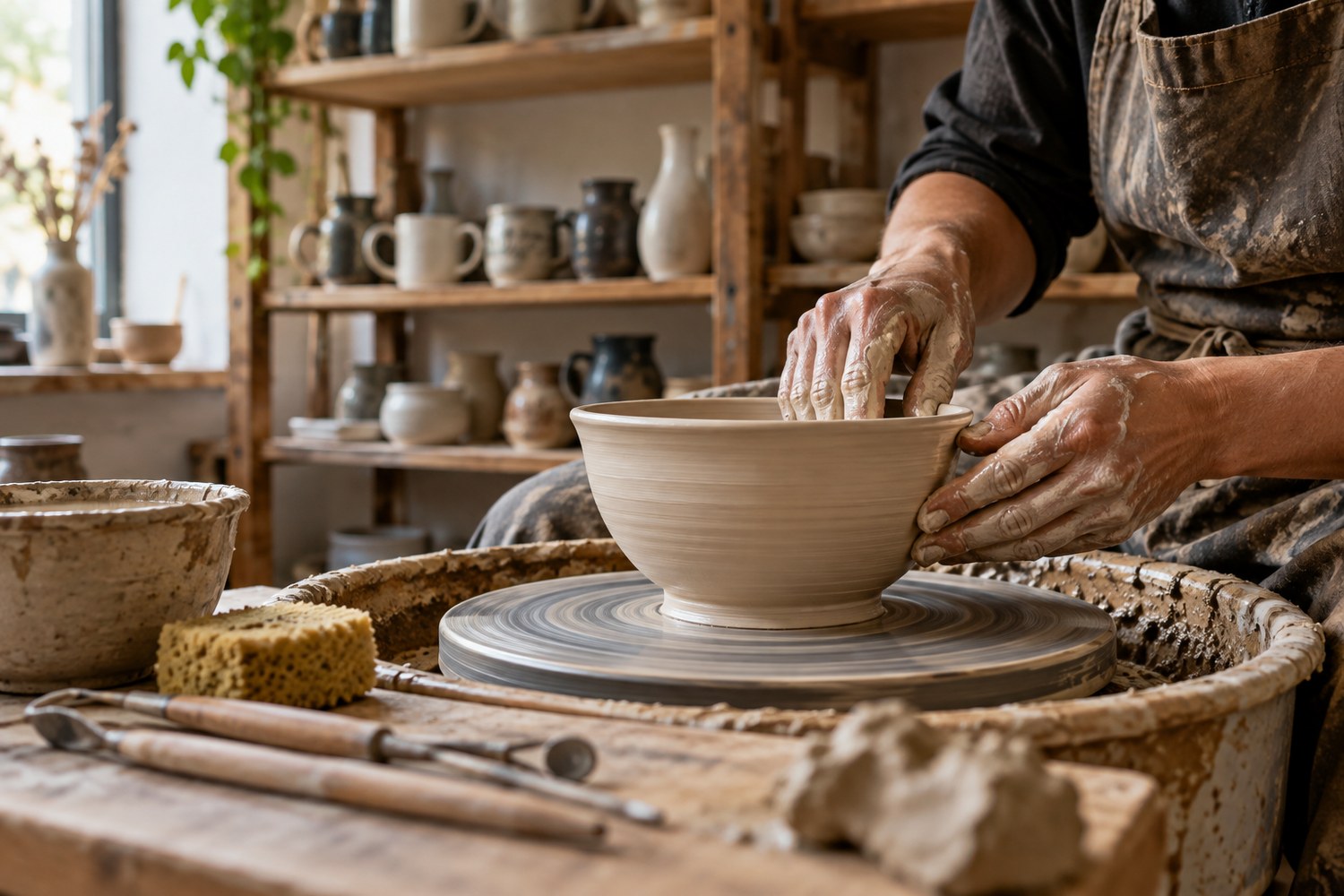 Potter shaping a cream-colored bowl on a wheel in a warm ceramics studio.