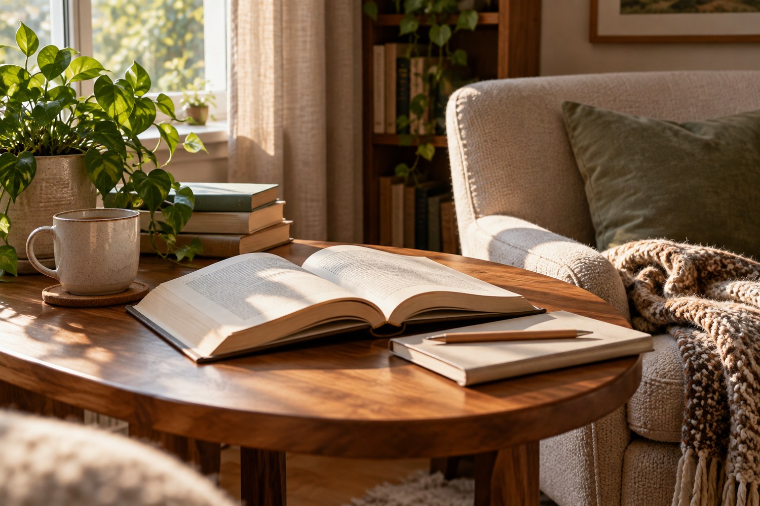 Sunlit reading corner with an open book, notebook, mug, chair and houseplants.
