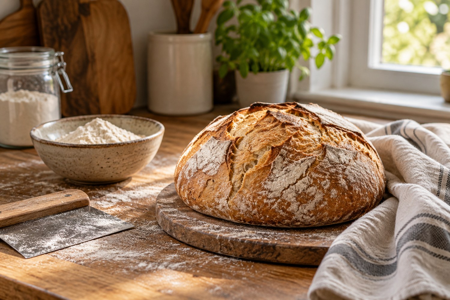 Fresh flour-dusted sourdough loaf on a wooden board in a warm home kitchen.